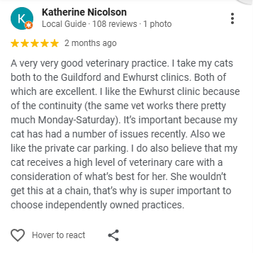 Review 1 Review highlighting the veterinary practice's quality independent care and services for pets.